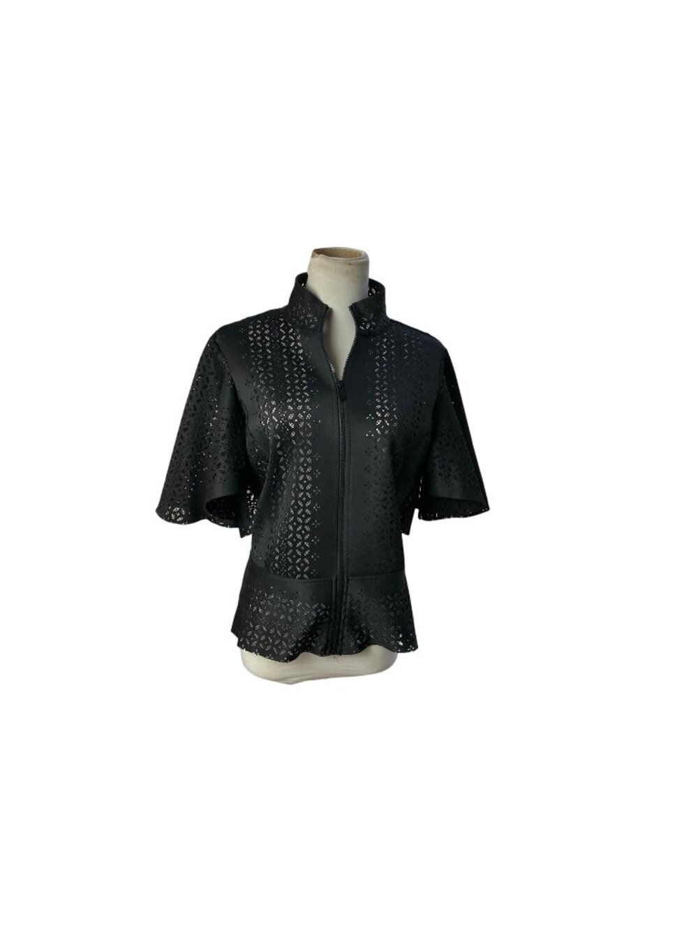 Marc Bouwer Black Eyelet Cutout Zip Front Peplum Jacket Sz M